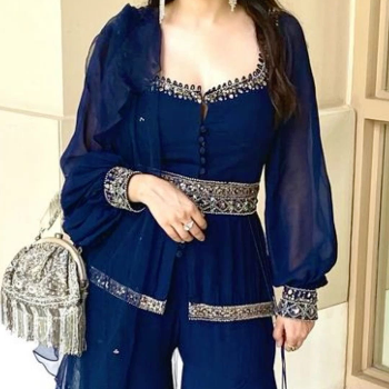 Embrace Elegance and Comfort: Transform Your Wardrobe with Navy Blue Pants and Pull Sleeve Top | Trendy Threads