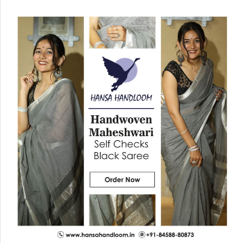 Embrace Elegance with the Handwoven Maheshwari Self-Check Black Saree
