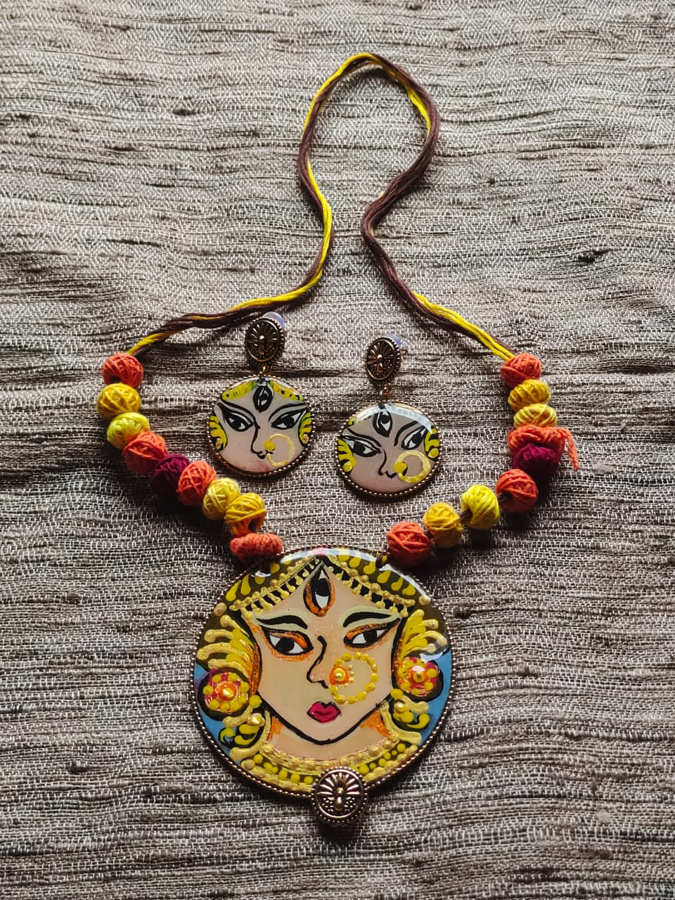 Embrace the Divine: Unveiling the Hand-Painted Durga Necklace & Earrings Set