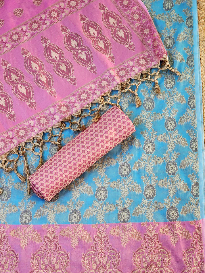 Embrace Elegance with the Blue & Pink Pure Katan Silk Handwoven Banarasi Suit