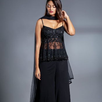 Elevate Your Style with the Jet Black Hand Embroidery Top and Plazoo Pants Set | Trendy Threads