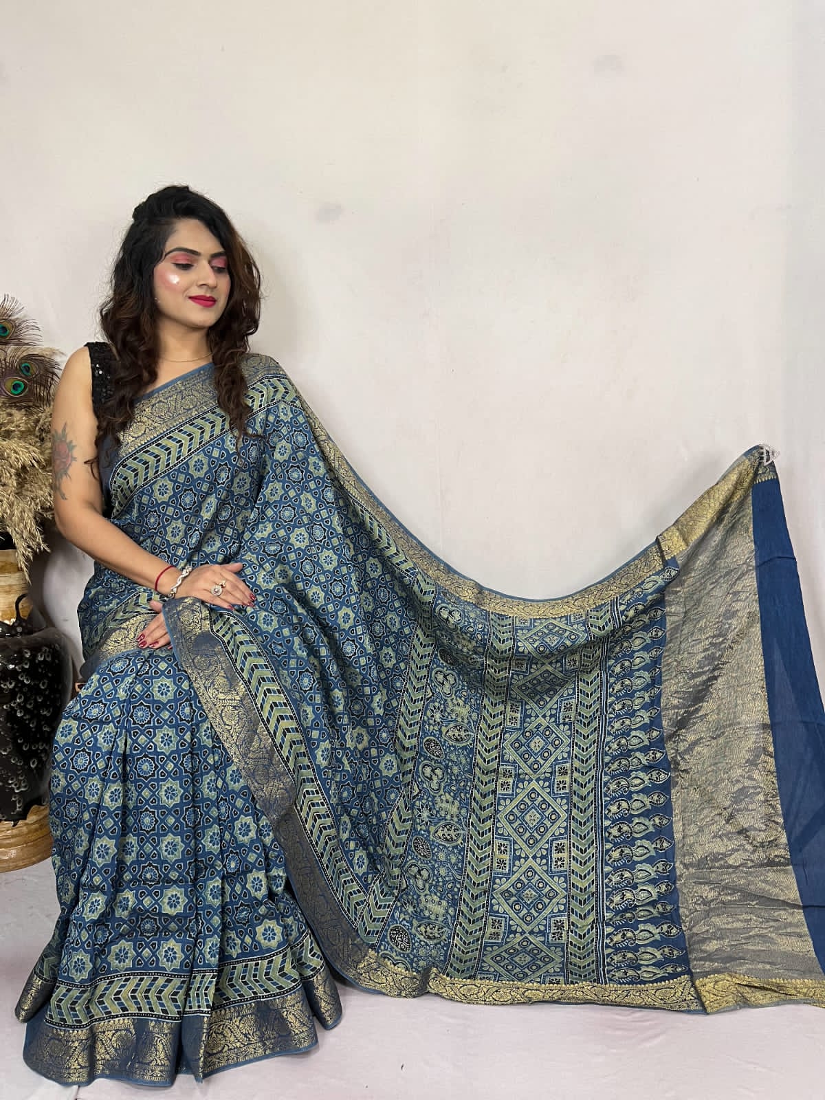 Embrace Tradition with a Modern Twist: The Ajrakh Handblock Printed Dola Silk Saree
