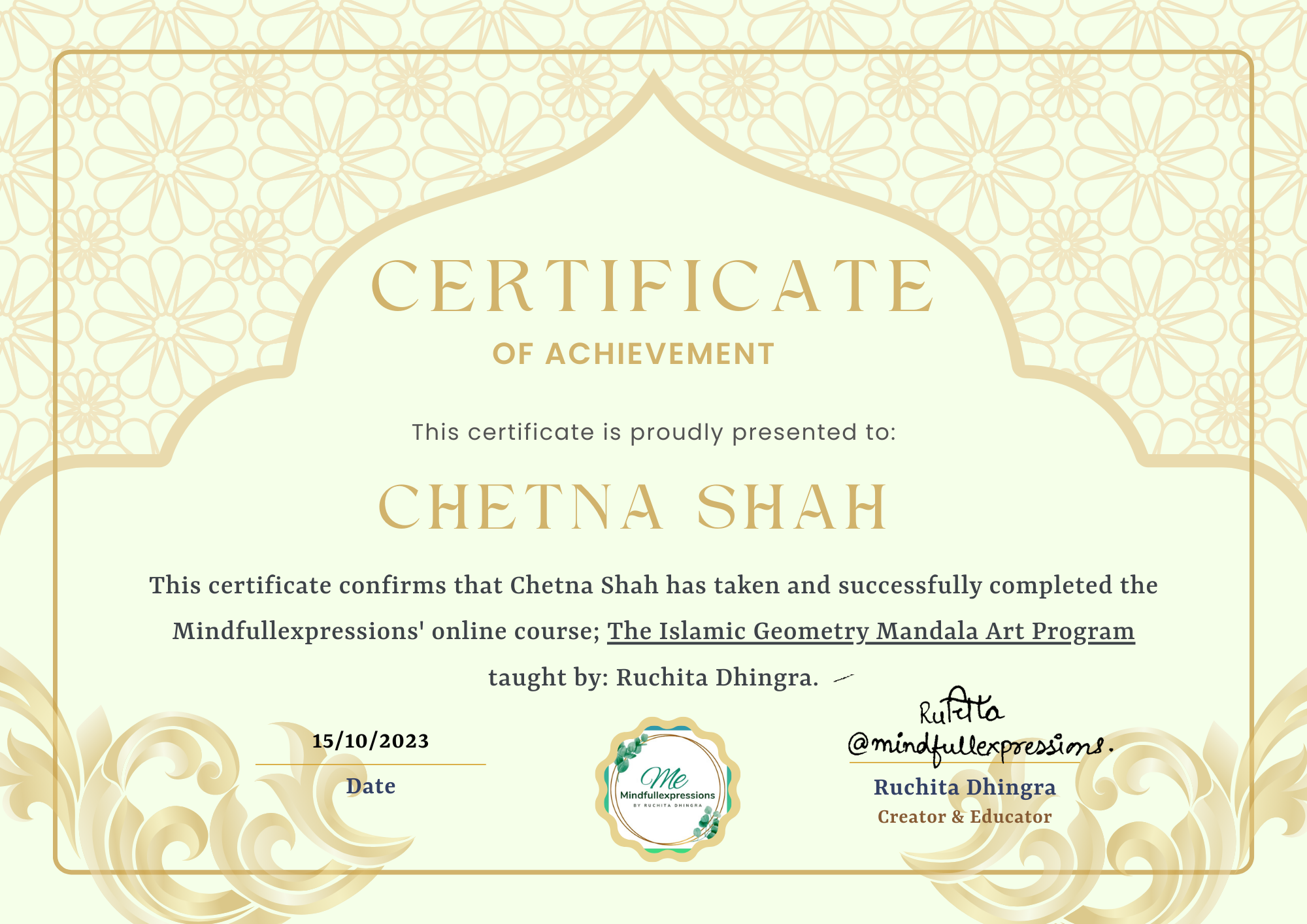 Mindfullexpressions® | Islamic Mandala Art Certificate