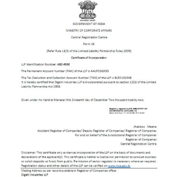 Digahi Industries LLP | Company Incorporation Certificate