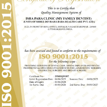 My family dentist dental implant center (MFD-HARIDWAR) | ISO 9001: 2015