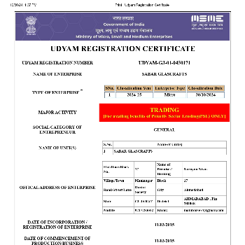 SABAR GLASCRAFTS | Udyam Registration Certificate_Page1