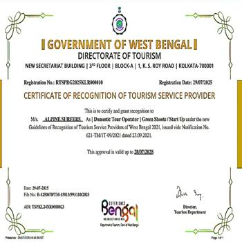 ALPINE SURFERS | Recognised Tourism Service Provider Govt. of West Bengal Certificate