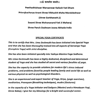 YATI SARVANG YOG | Special yoga certificate