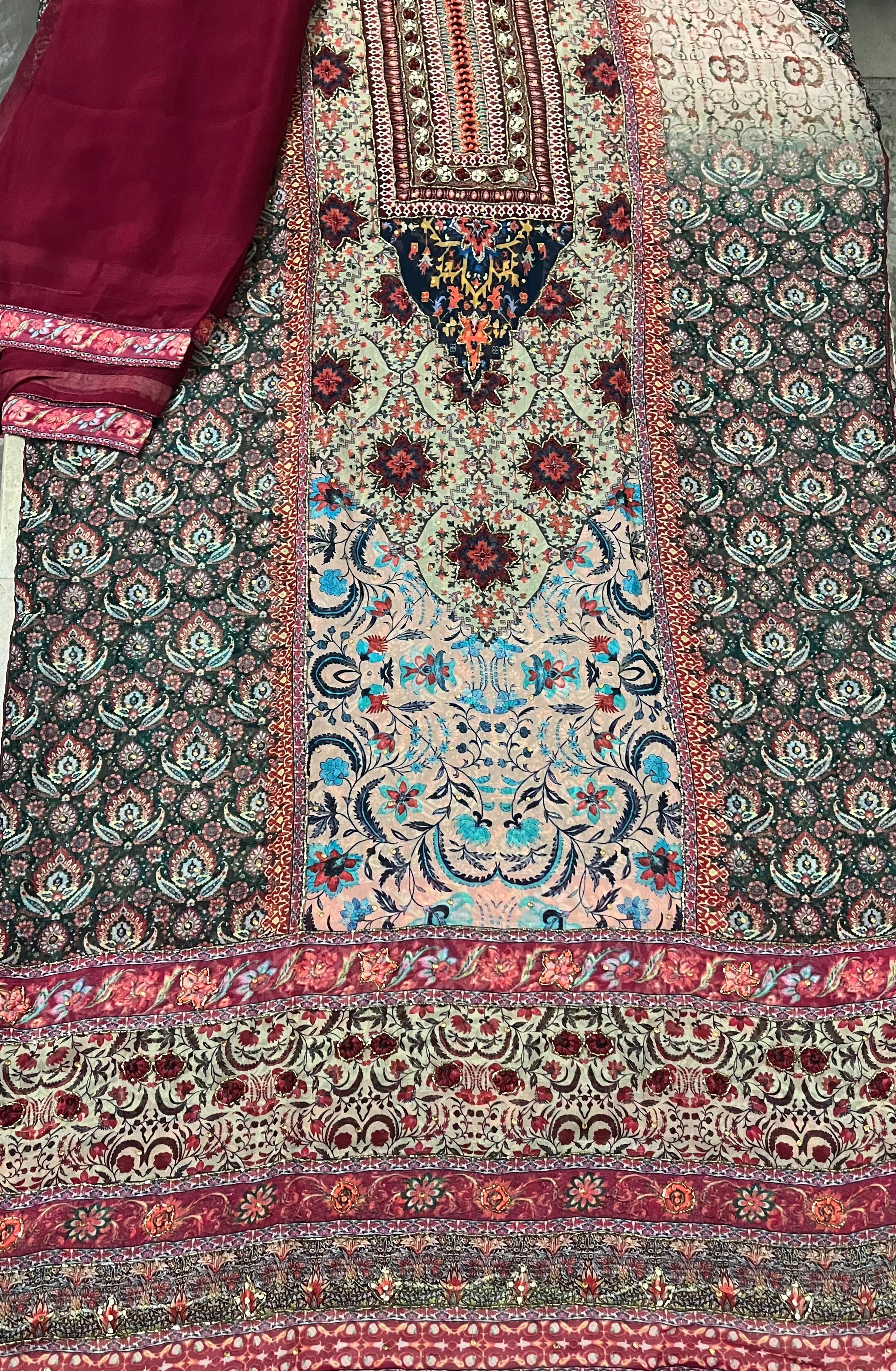 Hand-Embroidered Georgette Suit Rida Boutique 303,ahmedi Residency, 
State Bank Of India Building, 
New Aghapura, 
Hyderabad