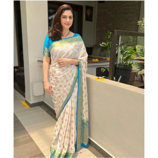  Generic Women's Silk Blend Woven Kanjivaram Saree With Unstitched Blouse (5.5Mtr, White Rama) ASHIRWADA ENTERPRISES 1st Floor, Moideen Complex, Main Road, Darbe, Puttur, Karnataka 574202, India