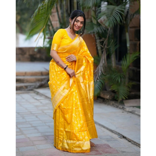 Generic Women's Silk Blend Self Design Banarasi Saree With Unstitched Blouse (5.5Mtr, Yellow-https://i-media.vyaparify.com/vcards/products/292121/product_1749968228_684e65646a5b5.png Image