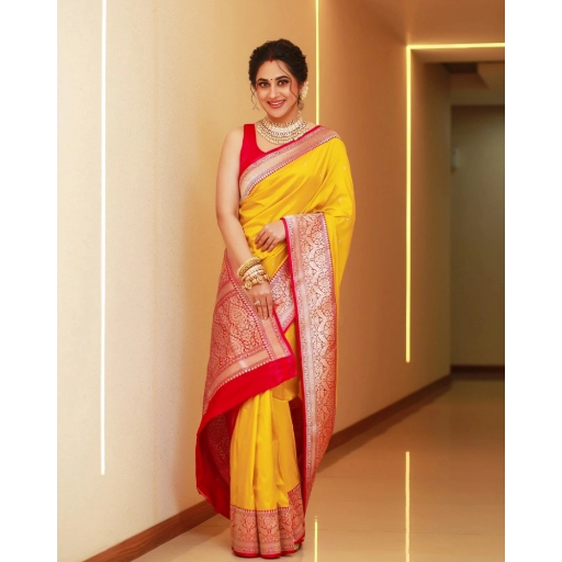 Generic Women's Silk Blend Self Design Banarasi Saree With Unstitched Blouse (5.5Mtr, Yellow Red)-https://i-media.vyaparify.com/vcards/products/292128/product_1749968838_684e67c65b4af.png Image