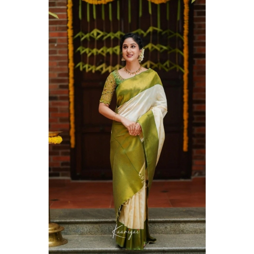 Generic Women's Silk Blend Self Design Banarasi Saree With Unstitched Blouse (5.5Mtr, White Green)-https://i-media.vyaparify.com/vcards/products/292138/product_1749968957_684e683d0c55e.png Image