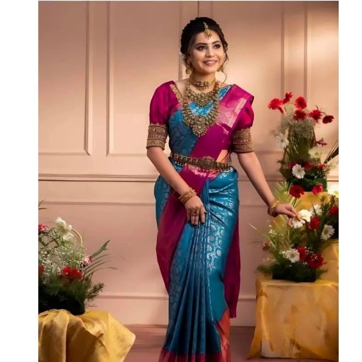 Generic Women's Silk Blend Self Design Banarasi Saree With Unstitched Blouse (5.5Mtr, Sky Blue) ASHIRWADA ENTERPRISES 1st Floor, Moideen Complex, Main Road, Darbe, Puttur, Karnataka 574202, India