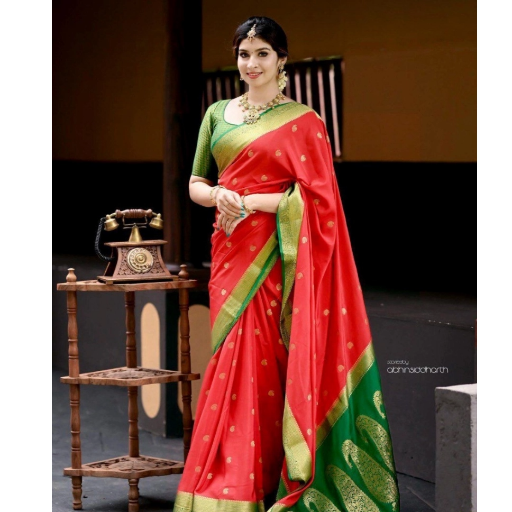  Generic Women's Silk Blend Self Design Banarasi Saree With Unstitched Blouse (5.5Mtr, Red Green) ASHIRWADA ENTERPRISES 1st Floor, Moideen Complex, Main Road, Darbe, Puttur, Karnataka 574202, India