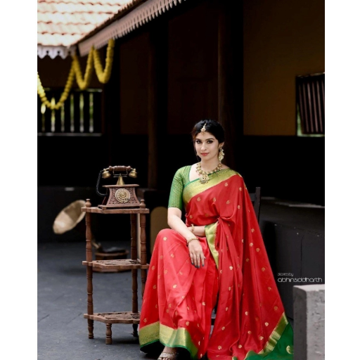 Generic Women's Silk Blend Self Design Banarasi Saree With Unstitched Blouse (5.5Mtr, Red Green)-https://i-media.vyaparify.com/vcards/products/292143/product_1749969152_684e6900f22df.png Image