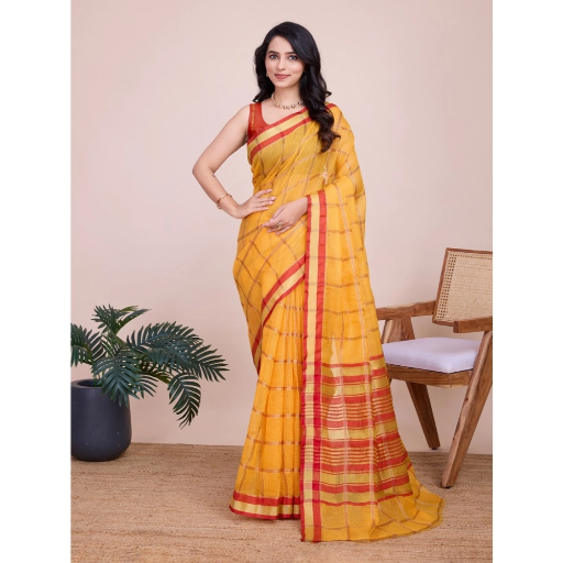  Generic Women's Cotton Silk Checkered Kota Doria Saree With Unstitched Blouse (5.5Mtr, Yellow) ASHIRWADA ENTERPRISES 1st Floor, Moideen Complex, Main Road, Darbe, Puttur, Karnataka 574202, India