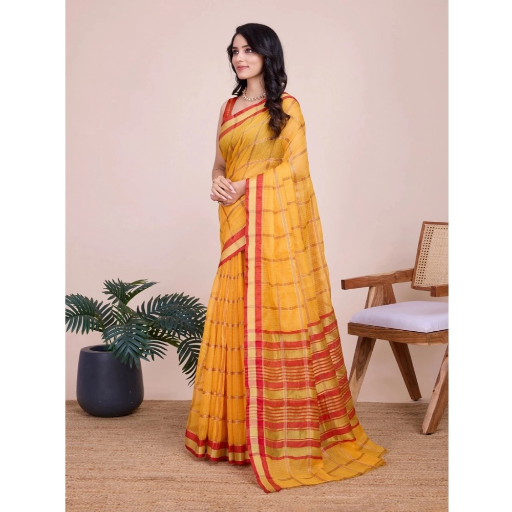 Generic Women's Cotton Silk Checkered Kota Doria Saree With Unstitched Blouse (5.5Mtr, Yellow)-https://i-media.vyaparify.com/vcards/products/292394/product_1749987105_684eaf21d0329.png Image