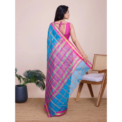 Generic Women's Cotton Silk Checkered Kota Doria Saree With Unstitched Blouse (5.5Mtr, Sky Blue)-https://i-media.vyaparify.com/vcards/products/292396/product_1749987227_684eaf9bad883.png Image