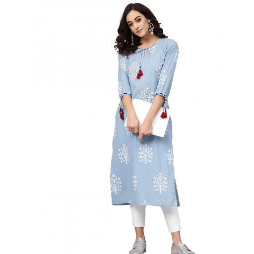  Generic Women's Casual 3/4 th Sleeve Embroidery Cambric Cotton Kurti (Blue) ASHIRWADA ENTERPRISES 1st Floor, Moideen Complex, Main Road, Darbe, Puttur, Karnataka 574202, India