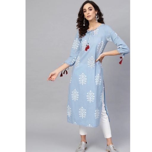 Generic Women's Casual 3/4 th Sleeve Embroidery Cambric Cotton Kurti (Blue)-https://i-media.vyaparify.com/vcards/products/292615/product_1750060978_684fcfb2150f2.png Image