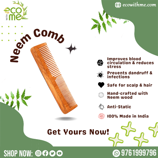 Ecowithme Neem wooden regular use comb, Soaked in Neem & Sesame oil for women,men & all types hair.-https://i-media.vyaparify.com/vcards/products/298860/product_1752153329_686fbcf1d4d47.png Image