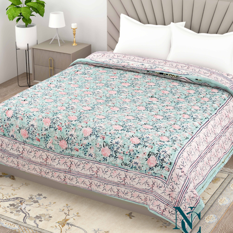 Handcrafted Floral Block Print Cotton Quilt – Light Blue & Pink Reversible Comforter-https://i-media.vyaparify.com/vcards/products/300471/product_1753598085_6885c88587923.jpeg Image