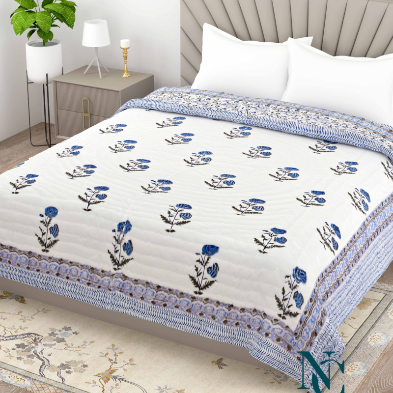 Hand Block Print Cotton Quilt – White & Blue Floral Reversible Comforter-https://i-media.vyaparify.com/vcards/products/300473/product_1753598236_6885c91c8f368.jpeg Image