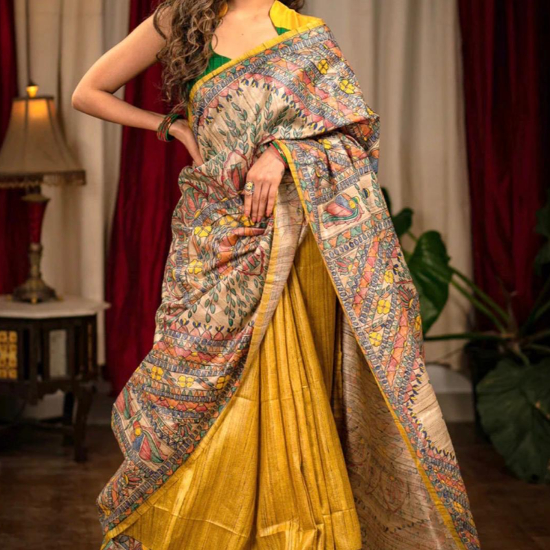 100% Pure Tussar Madhubani Hand Painted Silk Sarees Party Wear-https://i-media.vyaparify.com/vcards/products/305461/product_1763194865_691837f146674.jpeg Image
