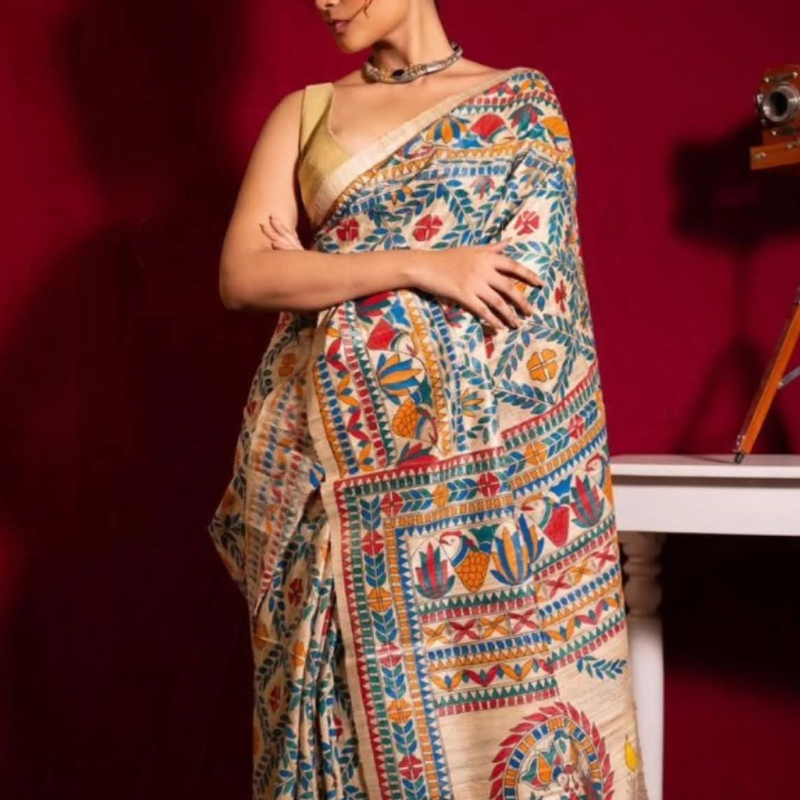 100% Pure Tussar Madhubani Hand Painted Silk Sarees Party Wear-https://i-media.vyaparify.com/vcards/products/305462/product_1763194865_691837f1b617c.jpeg Image