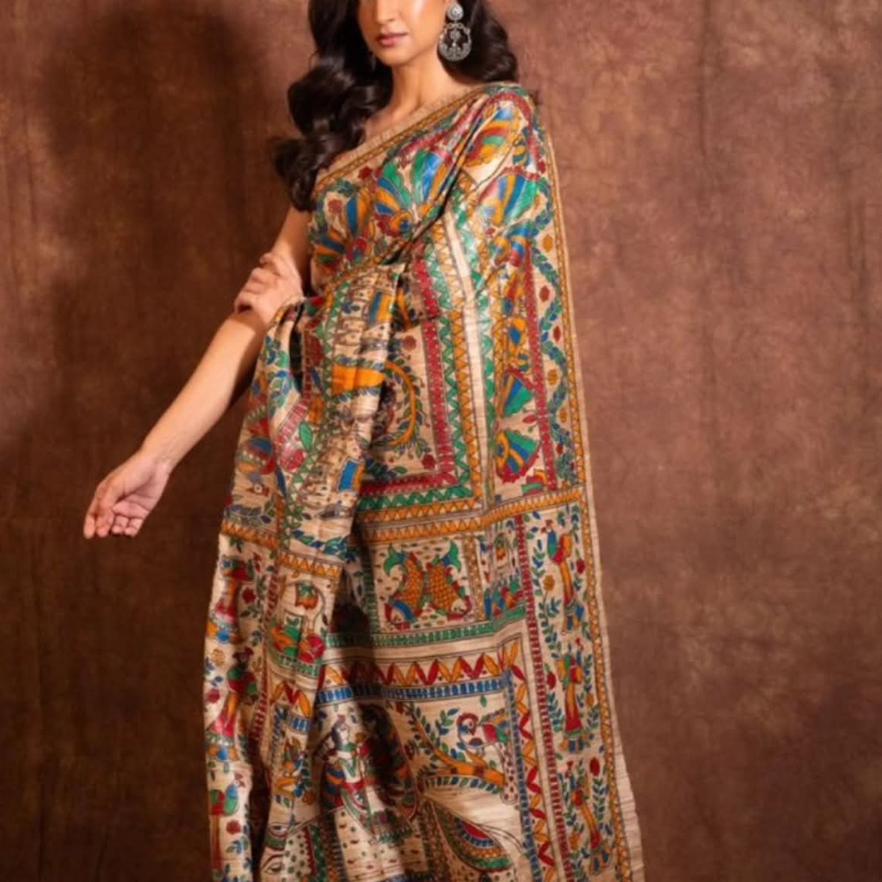 100% Pure Tussar Madhubani Hand Painted Silk Sarees Party Wear-https://i-media.vyaparify.com/vcards/products/305463/product_1763194865_691837f1e9549.jpeg Image