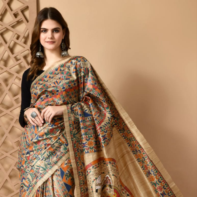 100% Pure Tussar Madhubani Hand Painted Silk Sarees Party Wear-https://i-media.vyaparify.com/vcards/products/305464/product_1763194866_691837f232e74.jpeg Image