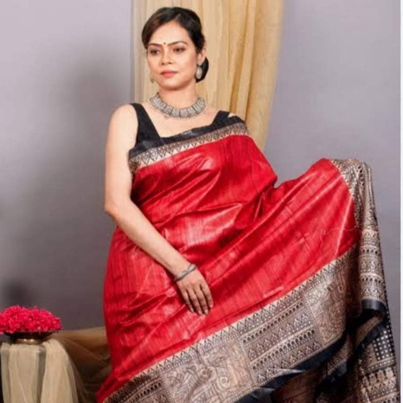 100% Pure Tussar Silk Sarees With Madhubani Prints Border Party Wea-https://i-media.vyaparify.com/vcards/products/305470/product_1763195684_69183b240ecc0.jpeg Image