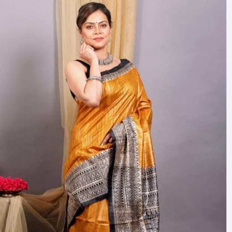 100% Pure Tussar Silk Sarees With Madhubani Prints Border Party Wea-https://i-media.vyaparify.com/vcards/products/305471/product_1763195684_69183b2450ebc.jpeg Image
