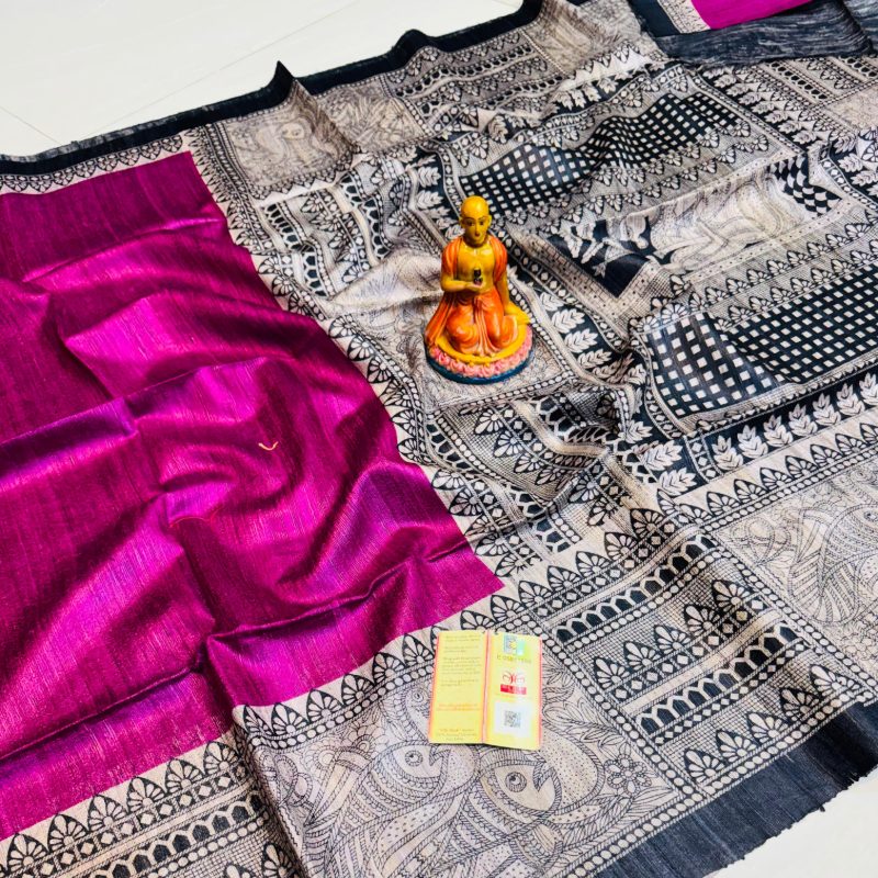 100% Pure Tussar Silk Sarees With Madhubani Prints Border Party Wea-https://i-media.vyaparify.com/vcards/products/305474/product_1763195685_69183b2502749.jpeg Image