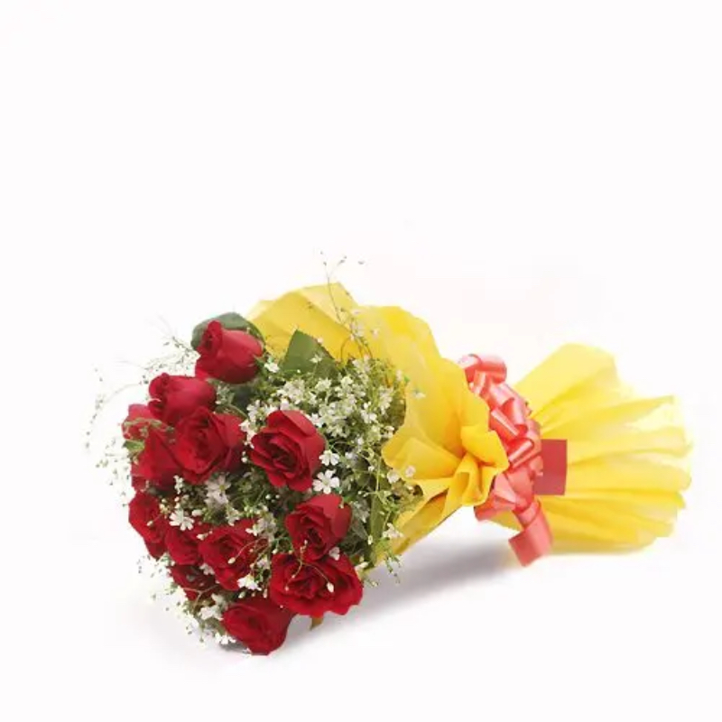 15 red roses with yellow colour packing GRT Flower And Decorator COLLEGE MAIN ROAD, Siddaveerappa Badavane, BIET, Davanagere, Karnataka 577004, India
