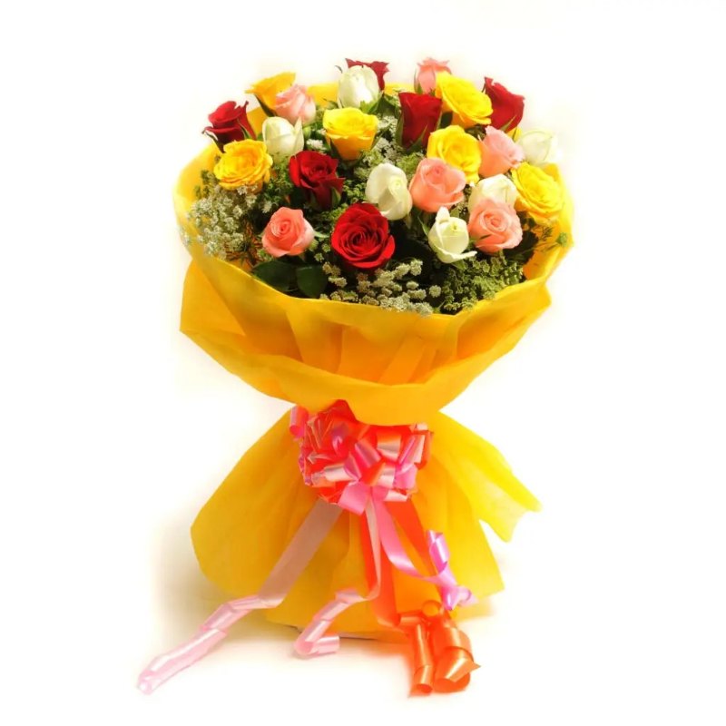 A beautiful bouquet of 12 Mixed Roses wrapped in Yellow Tissue with Red Ribbons. GRT Flower And Decorator COLLEGE MAIN ROAD, Siddaveerappa Badavane, BIET, Davanagere, Karnataka 577004, India