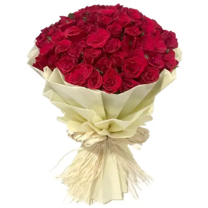 Bunch of 50 Red Roses wrapped beautifully in creme colour double Paper Packing (Offering similar Look) as shown GRT Flower And Decorator COLLEGE MAIN ROAD, Siddaveerappa Badavane, BIET, Davanagere, Karnataka 577004, India