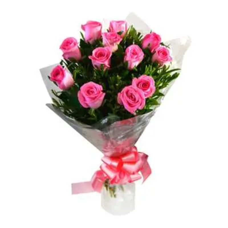 12 pink roses with green fillers & a red ribbon. GRT Flower And Decorator COLLEGE MAIN ROAD, Siddaveerappa Badavane, BIET, Davanagere, Karnataka 577004, India