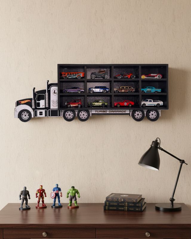Hot Wheels Truck Display Case | Wall Mount Organizer for 12 Cars | MDF Collectible Display Rack | Cu