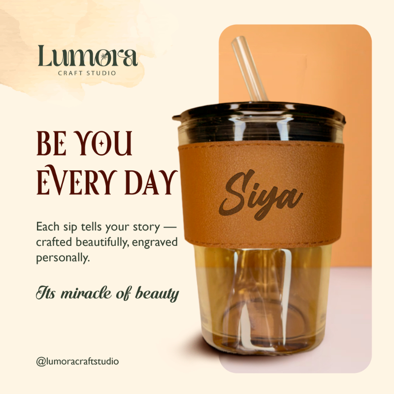 Personalized Glass Sipper Tumbler with Leather Band, Lid & Straw | Leakproof Reusable Gift for Kids