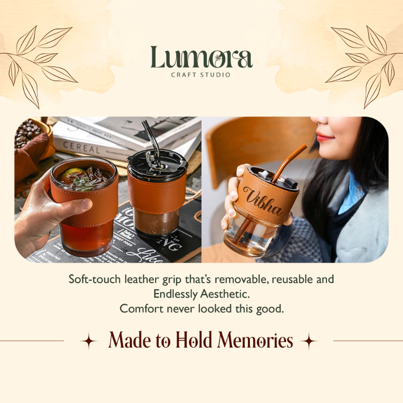 Personalized Glass Sipper Tumbler with Leather Band, Lid & Straw | Leakproof Reusable Gift for Kids