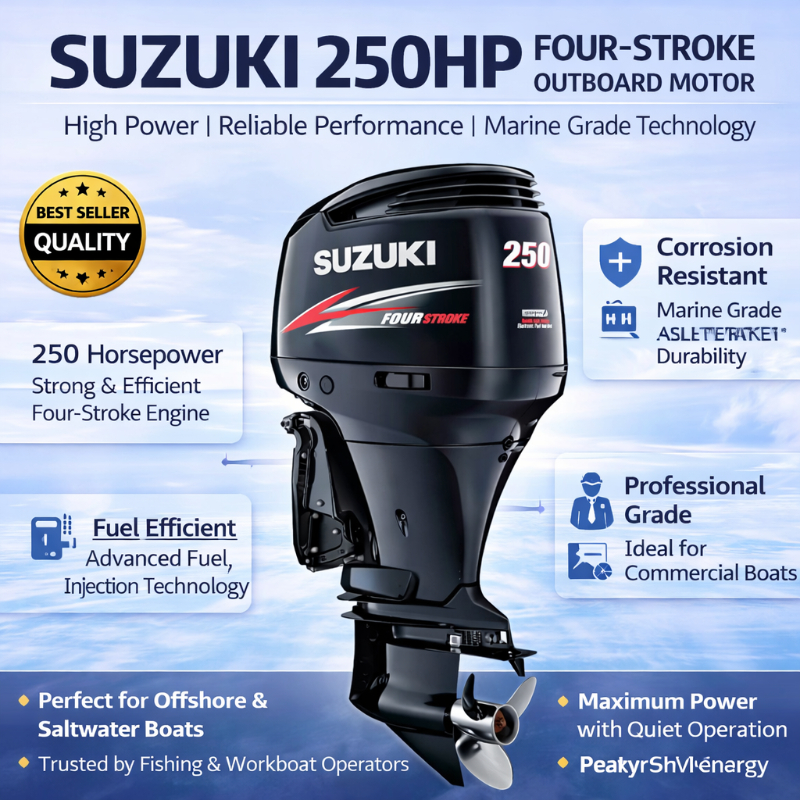 Suzuki 250 HP Four Stroke Outboard Motor for Commercial Boats | High Power Marine Engine in Mumbai SHIVA ENTERPRISES Laxmi Classic Building, Laxmi Park, Mira Bhayandar Road, Mira Road East