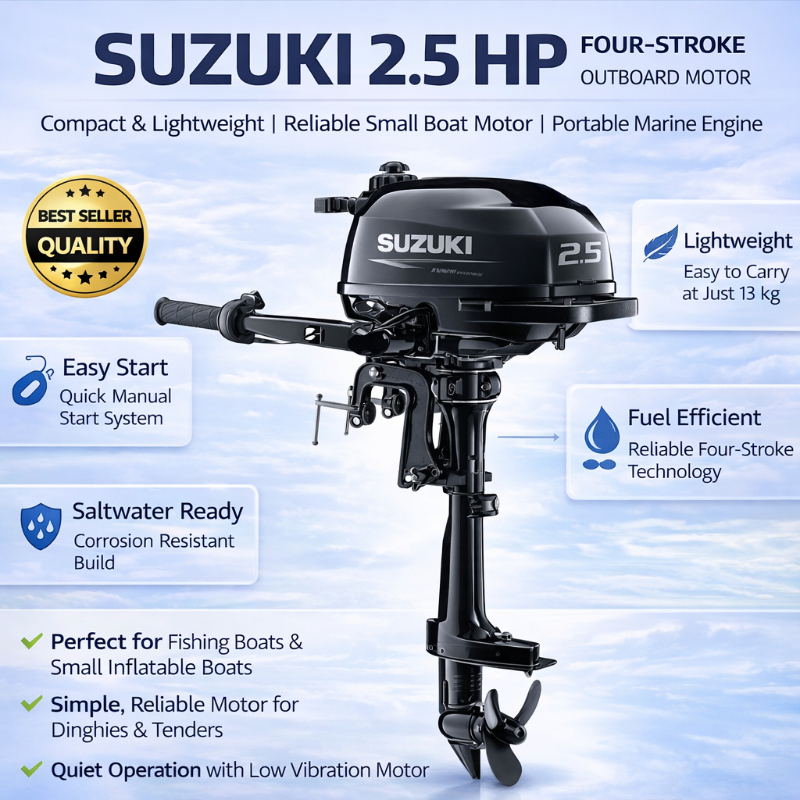 Suzuki 2.5 HP Lightweight Outboard Motor – Reliable Small Boat Engine for Recreational Water Rides, Tenders & Marine Business Operations in Mumbai SHIVA ENTERPRISES Laxmi Classic Building, Laxmi Park, Mira Bhayandar Road, Mira Road East