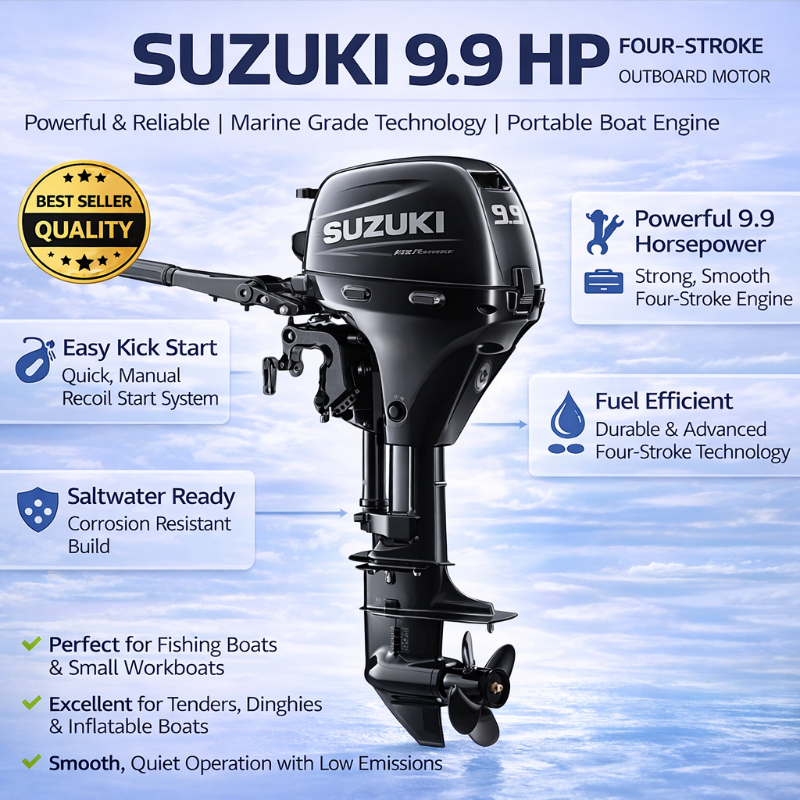 Suzuki 9.9 HP Four Stroke Outboard Motor for Fishing Boats, Inflatable Boats & Marine Business Use | Heavy Duty Boat Engine in Mumbai SHIVA ENTERPRISES Laxmi Classic Building, Laxmi Park, Mira Bhayandar Road, Mira Road East