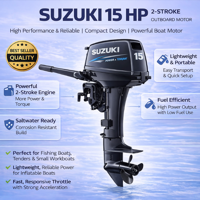 Suzuki 15 HP 2 Stroke Outboard Motor for Boats | High Power Marine Engine for Commercial & Recreational Water Ride Equipment in Mumbai SHIVA ENTERPRISES Laxmi Classic Building, Laxmi Park, Mira Bhayandar Road, Mira Road East
