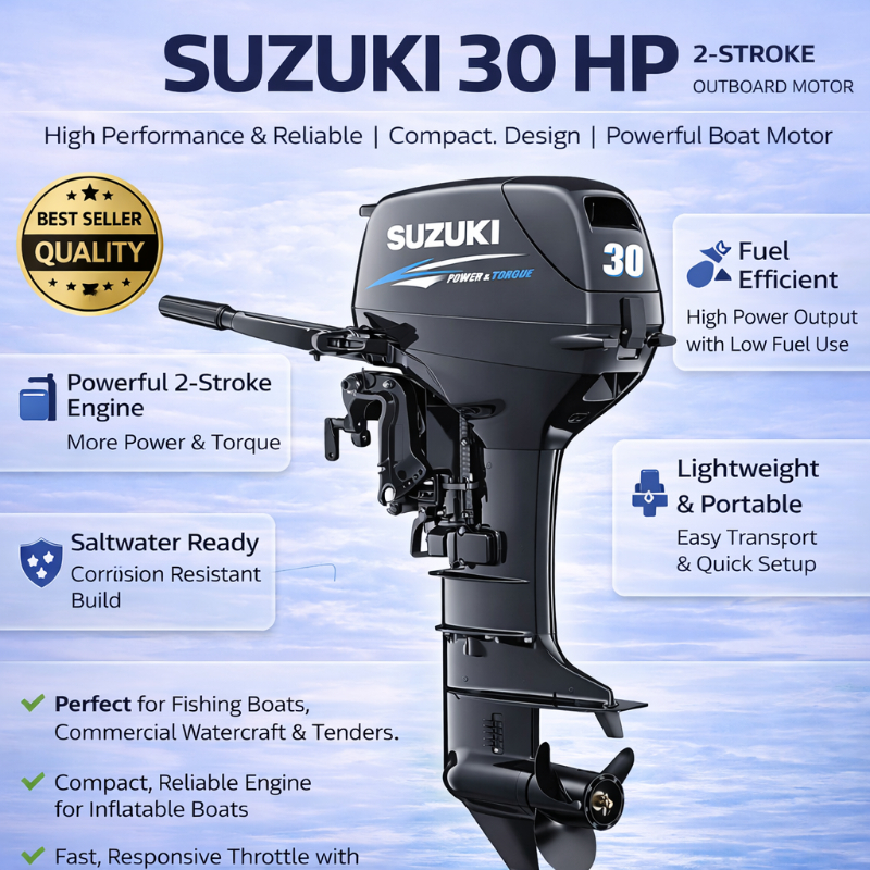 Suzuki 30HP Two Stroke Outboard Boat Engine for Business & Recreational Water Ride Equipment – Reliable Marine Motor for Heavy Duty Use in Mumbai SHIVA ENTERPRISES Laxmi Classic Building, Laxmi Park, Mira Bhayandar Road, Mira Road East