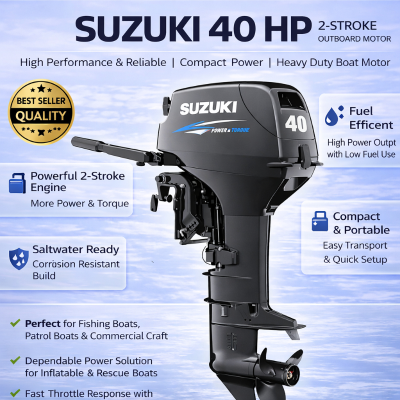 Suzuki 40HP Outboard Motor 2 Stroke | Heavy Duty Marine Boat Engine for Fishing, Patrol Boats & Water Sports Business in Mumbai SHIVA ENTERPRISES Laxmi Classic Building, Laxmi Park, Mira Bhayandar Road, Mira Road East