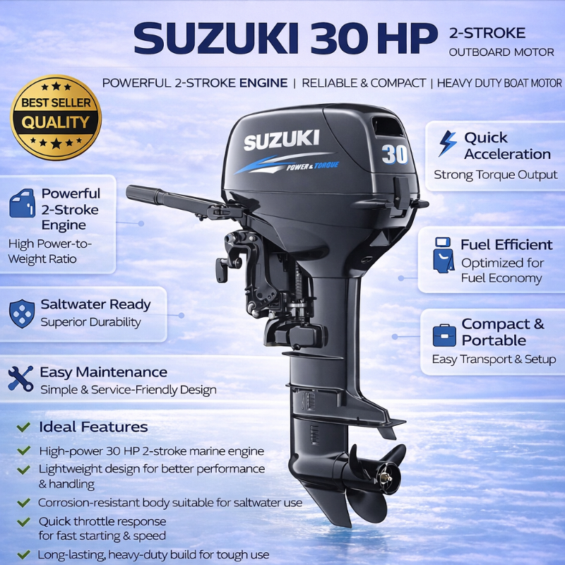 Suzuki 30HP 2 Stroke Boat Engine – High Power Fuel Efficient Outboard Motor for Fishing Boats & Recreational Watercraft Use in Mumbai SHIVA ENTERPRISES Laxmi Classic Building, Laxmi Park, Mira Bhayandar Road, Mira Road East