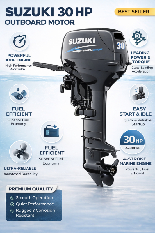 Suzuki 30 HP 4 Stroke Outboard Motor for Boats | Fuel Efficient Marine Engine for Commercial & Recreational Watercraft SHIVA ENTERPRISES Laxmi Classic Building, Laxmi Park, Mira Bhayandar Road, Mira Road East